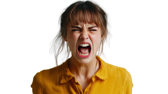 Young woman shouting with transparent background: expressing anger and frustration