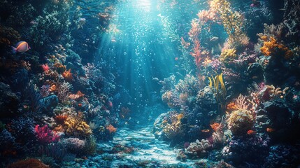 Obraz premium Vibrant Coral Reef Ecosystem with Sunlight Filtering Through Clear Blue Ocean Water