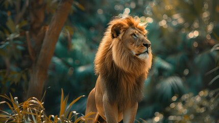 Fototapeta premium Portrait of wild male lion animal standing on the nature green jungle. AI generated image