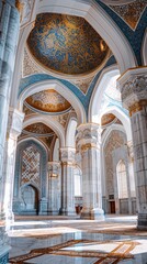 Obraz premium A photograph of a mosque's interior, highlighting a grand Islamic dome with delicate Arabic calligraphy