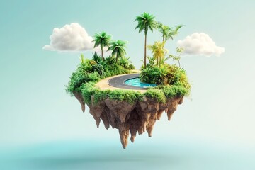 Obraz premium A whimsical 3D cartoon floating island with lush greenery and a surrounding road, set against a solid-color background. Playful, cute, and perfect for fantasy-themed designs