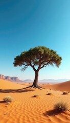 Fototapeta premium Desert landscape stretches out around a single tree, desert vistas, endless space