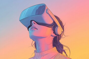 A woman wearing a VR headset, experiencing immersive virtual reality.