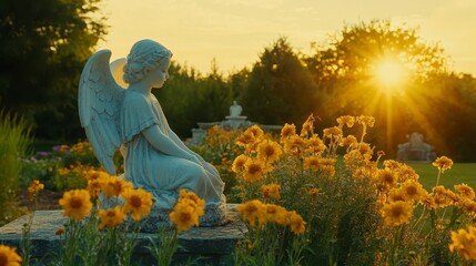 Outdoor garden scene at sunset, featuring a statue of a cherubic angel figure, kneeling amidst a profusion of yellow flowers, bathed in warm golden