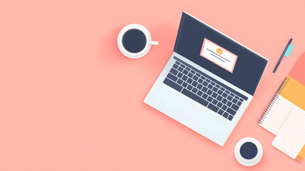 A top-down view of a stylish workspace with a laptop displaying a newly earned online certificate. Next to the laptop, a neatly arranged planner, a cup of coffee, and study notes create an