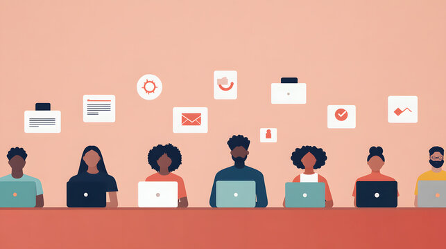 A group of diverse students participating in an online education workshop. Each student is seated at a desk, using their laptops while interacting in a virtual classroom. Floating digital