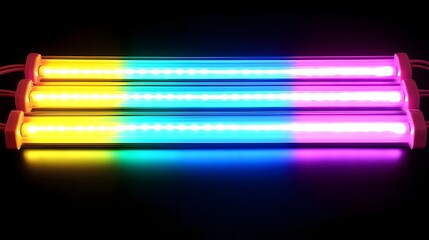 Three colorful LED light tubes, yellow, cyan, and magenta, arranged horizontally. They are vibrant and appear to be for decorative or accent lighting.