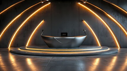 Modern Reception Desk with Curved Neon Lights in a Luxurious Dark Interior Design Setting