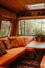Cozy camper interior with seating and a view of the trees