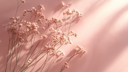 Delicate pink gypsophila flowers casting soft shadows on a pastel pink background space