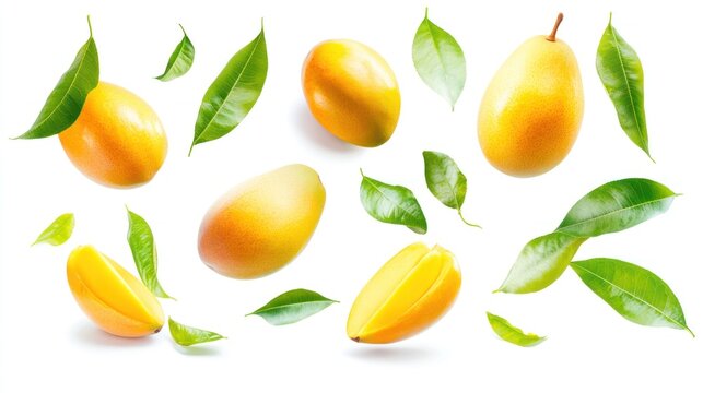 A bunch of mango fruit with green leaves scattered around them