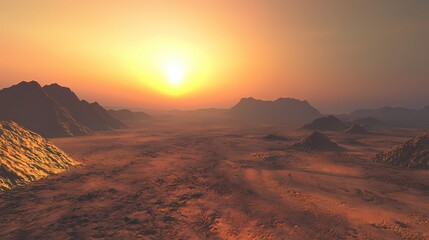 Naklejka premium Desert landscape at sunset with mountains and horizon under a bright orange sky