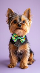 Naklejka premium Adorable Yorkshire Terrier Puppy Wearing a Bow Tie Studio Shot on Purple Background