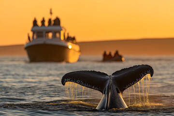 Fototapeta premium Humpback whale diving at sunset with whale watching boats in background