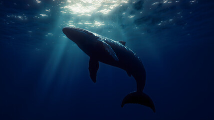 Fototapeta premium Majestic humpback whale swimming in deep blue ocean under sun rays