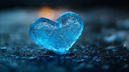 A heart-shaped ice melting on a dark surface, revealing intricate texture and form. The absence of sunlight and blurred background create a sense of chaos, emphasizing the delicate yet fleeting nature