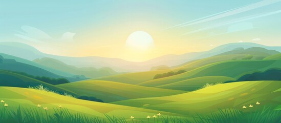 Obraz premium Illustration green fields, green hills, dawn landscape in bright blue sky, background. AI generated