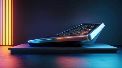Futuristic Platform with Glowing Lights Displaying Advanced Technology in a Modern Setting