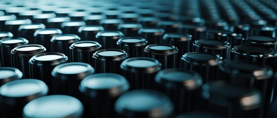 Obraz premium A close-up view of a surface covered with shiny, cylindrical objects arranged in a grid pattern, reflecting light in a visually striking manner.