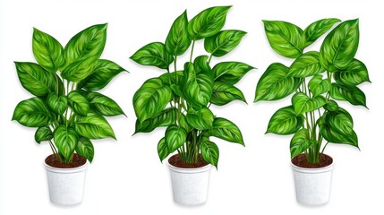 Obraz premium A series of three vibrant potted plants displaying lush green leaves in decorative pots against a clean white background