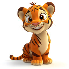 3d cartoon cute illustration of tiger on white background