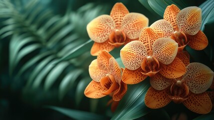 Vibrant orange orchids blooming amidst lush green foliage in a serene garden setting