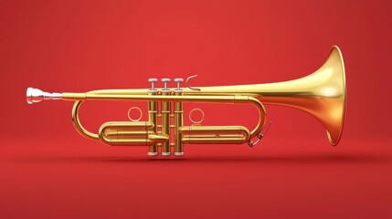 Fototapeta premium Shiny gold trumpet on red background.
