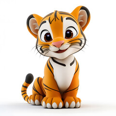 3d cartoon cute illustration of tiger on white background