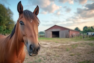Fototapeta premium Horse in front of a rustic barn during golden hour at a serene countryside setting