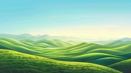 Fototapeta premium Illustration green fields or green hills landscape in bright blue sky background. AI generated image