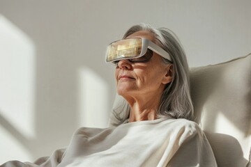 Senior woman wearing VR glasses, experiencing immersive virtual reality technology.