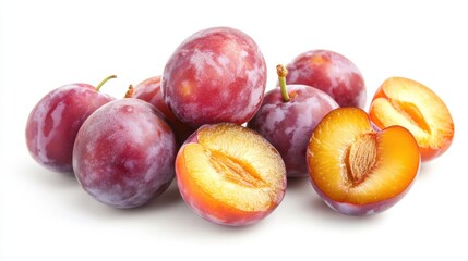 Fresh juicy plums on white background with whole and halved fruits