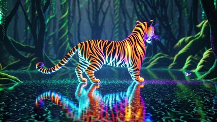 Tiger with neon orange and blue glowing stripes walking in a dark enchanted jungle with reflections in water and ambient lighting.

 - Powered by Adobe