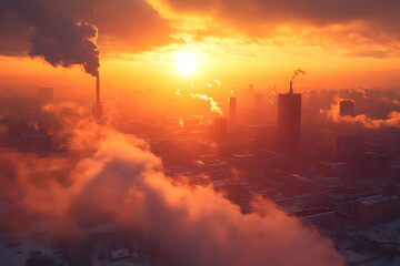 Obraz premium City sunrise, industrial pollution, winter fog