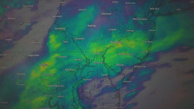 Animated weather map showing Mid-Atlantic region, color-coded precipitation. Static camera view.
