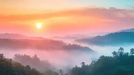 Obraz premium Misty Mountain Sunrise A Serene Landscape of Rolling Hills Bathed in Soft Pastel Light Hues