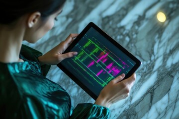 Woman reviewing complex data displayed on tablet screen; analyzing financial markets or code.