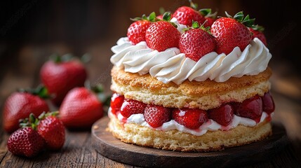 Delicious strawberry cake with whipped cream, surrounded by fresh strawberries on wooden table