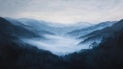Obraz premium Misty Mountain Range Landscape Painting in Blue Hues Serene Valley and Distant Peaks Art