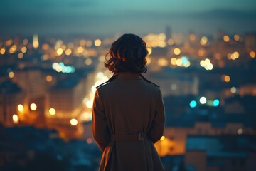 A woman stands alone, gazing at a city's twinkling lights at night, feeling a sense of solitude and wonder.