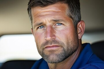 Fototapeta premium Man with blue eyes and short hair gazes intently from the driver's seat in a vehicle during daylight hours