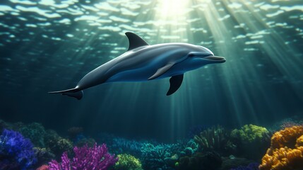 Underwater dolphin swimming amongst vibrant coral in sunlit ocean environment