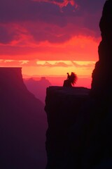 Woman sitting, sunset canyon view for meditation, travel or inspiration use