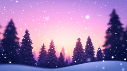 Naklejka premium A picturesque winter forest with pine trees silhouetted against a twilight sky, as gentle snowflakes fall and blanket the ground. The enchanting hues of twilight create a magical a
