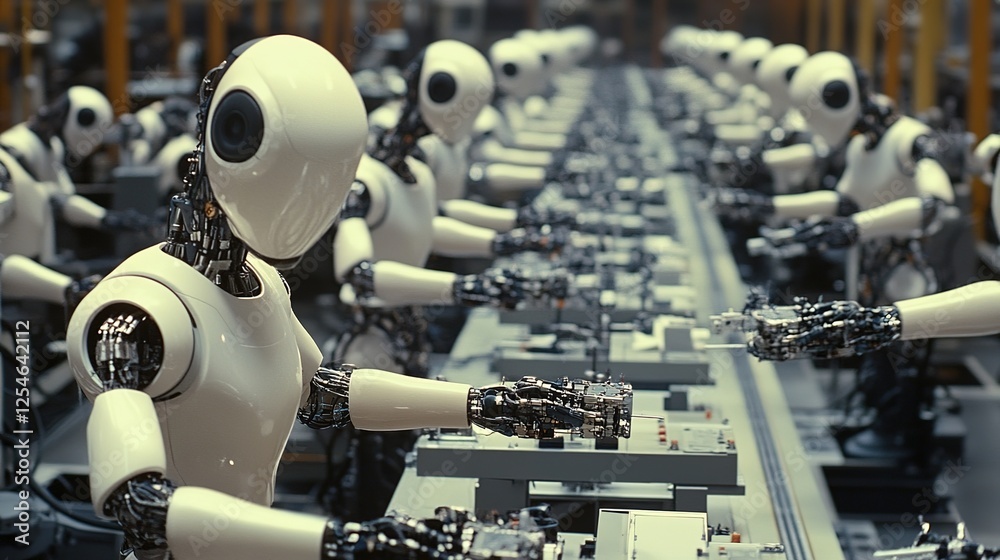 Poster a factory floor full of synchronized robots performing various production tasks.