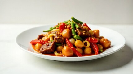 Savory Stew with Meat, Peppers, and Green Beans Served on a White Plate