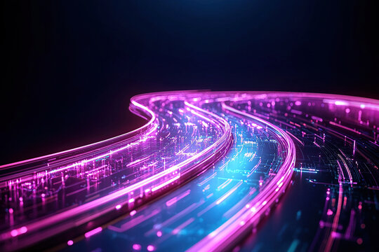 vibrant digital pathway with glowing pink and blue lights illustrates seamless navigation and futuristic technology. abstract design suggests high tech, frictionless environment