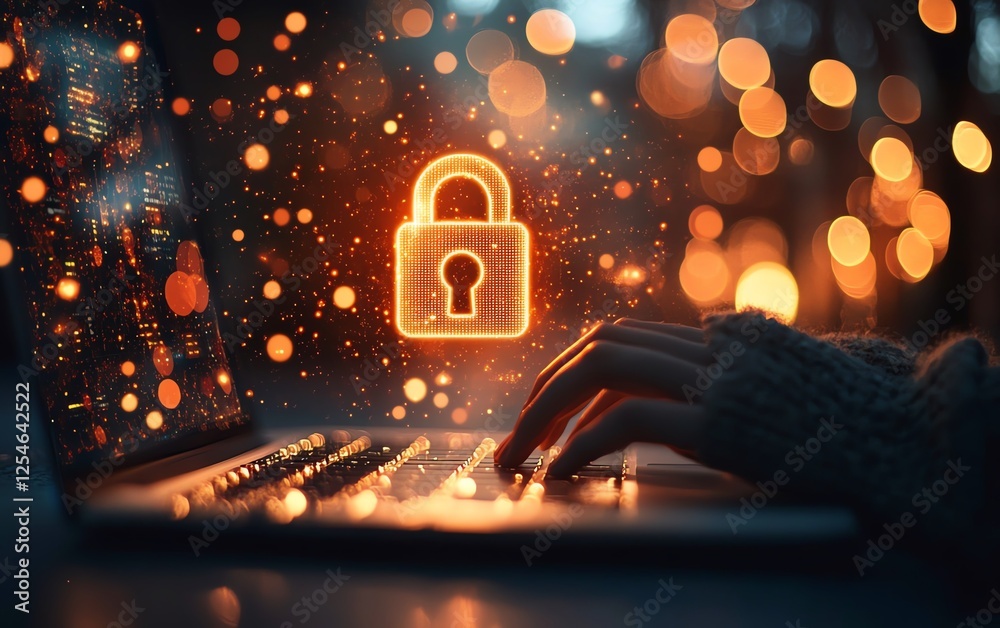 Leinwandbilder hands typing on a laptop keyboard with a digital lock hologram, representing cybersecurity and ai pr