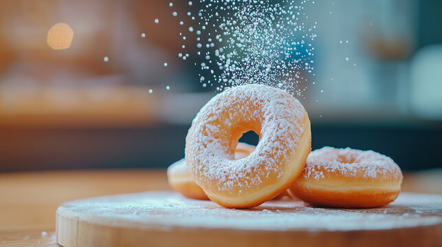 Rustic Table with Fresh Berlin Donuts Covered in Powdered Sugar: A Heavenly Dessert Moment.Berlin donuts, powdered sugar, rustic table desserts, close-up dessert photography, Berli
