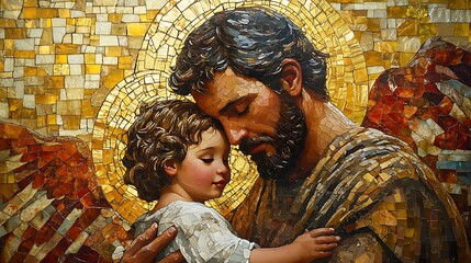An awe-inspiring Catholic mosaic of Saint Joseph with the Child Jesus, the fatherly warmth captured in lifelike tile arrangements, luminous golden tesserae casting a celestial glow,